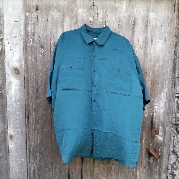 VTG 90s Turquoise Teal Silk Boxy Button Up Shirt - Picture 5 of 11